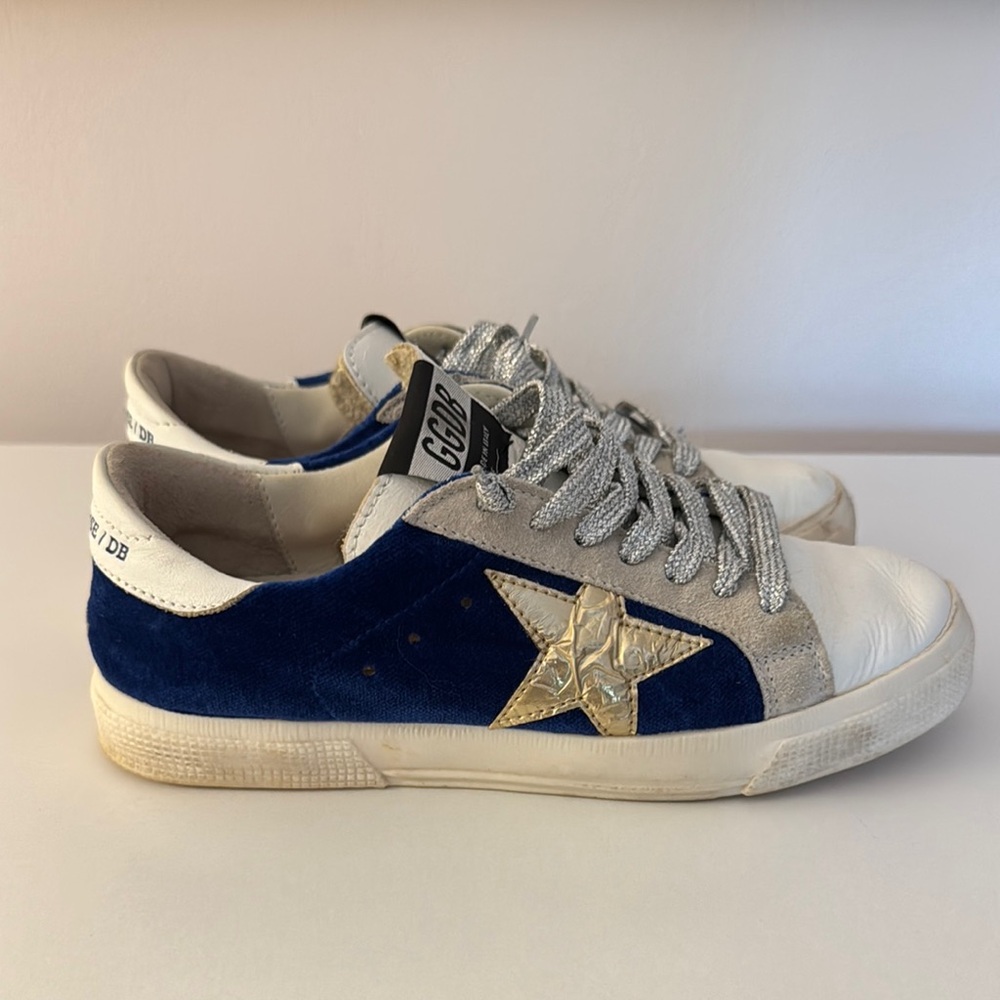 Golden Goose Navy Velvet and Gold Star Sneakers